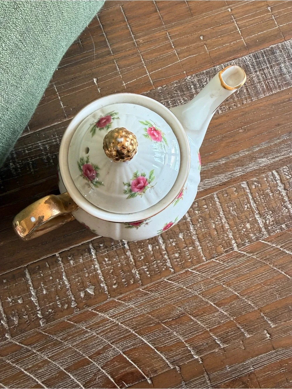White Porcelain Teapot with Pink Rose Pattern and Gold Accents